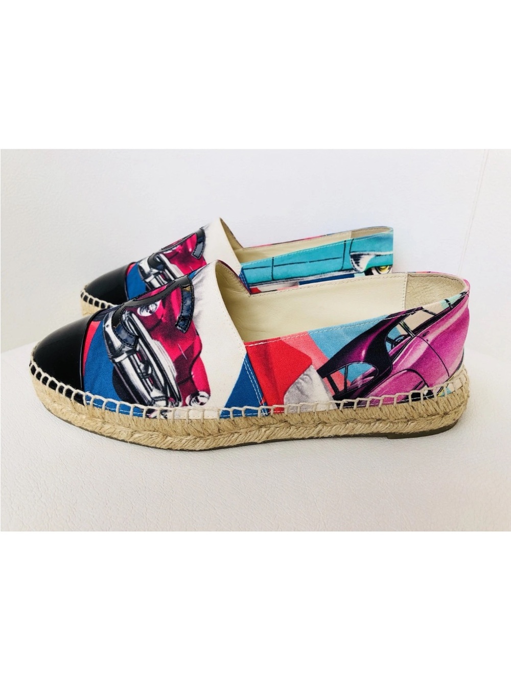 CHANEL MULTICOLOR CANVAS PINK BLACK PATENT LEATHER CAPTOE ESPADRILLE FLATS SZ 37 - Picture 3 of 12